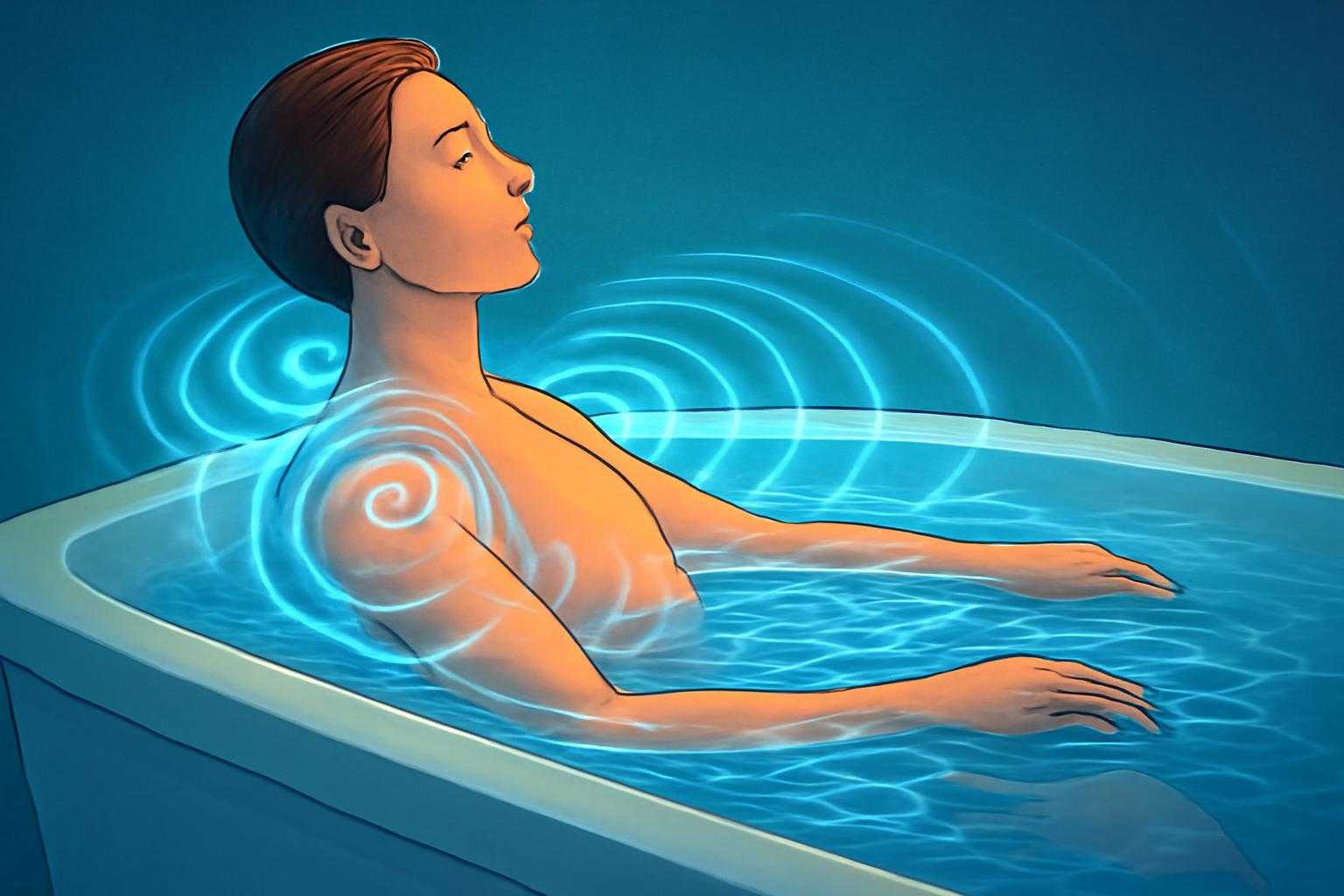 肩こりと腰痛に悩む人が電気風呂で治療を受けている様子