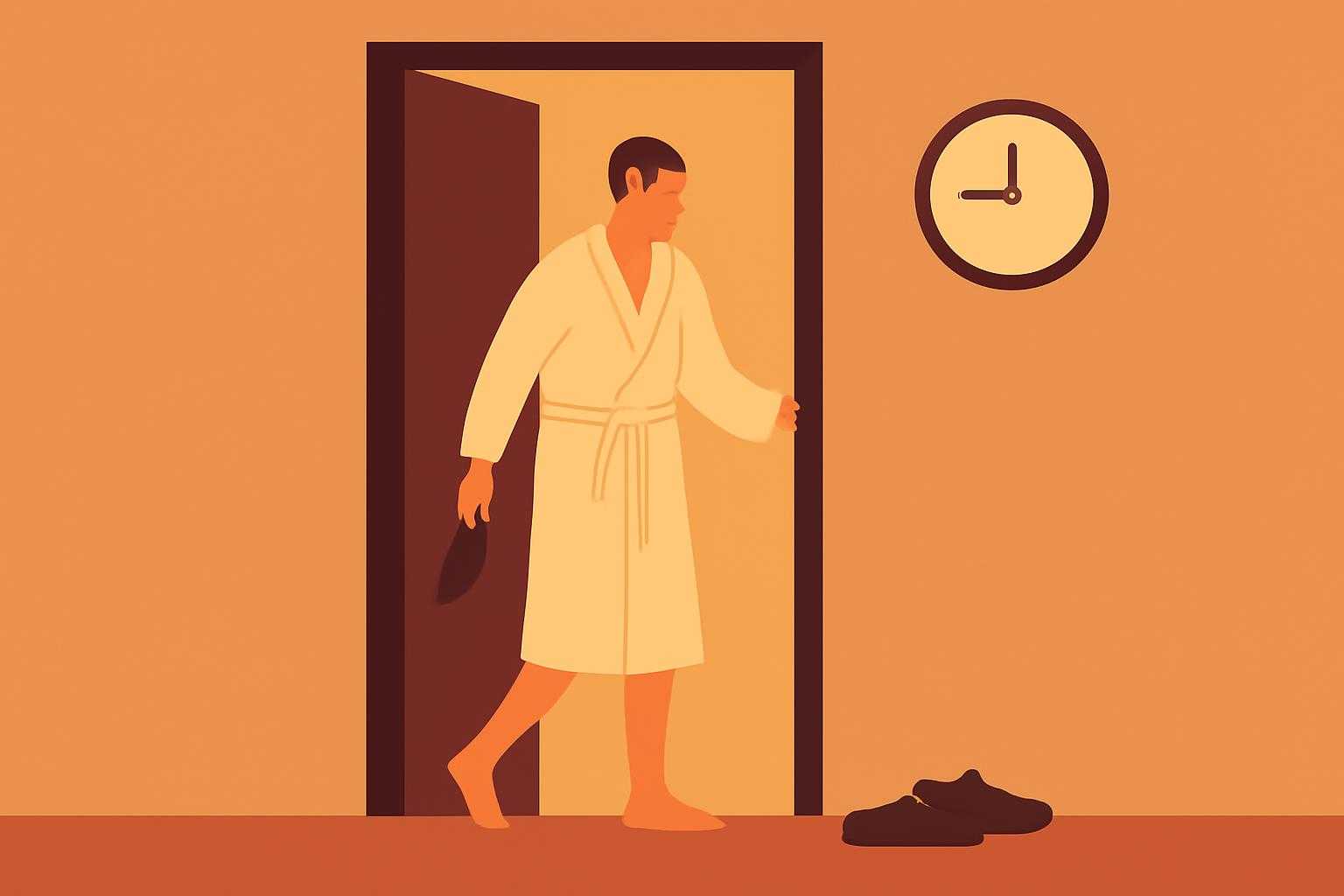 お風呂上がりの女性が玄関で靴を履こうとしている