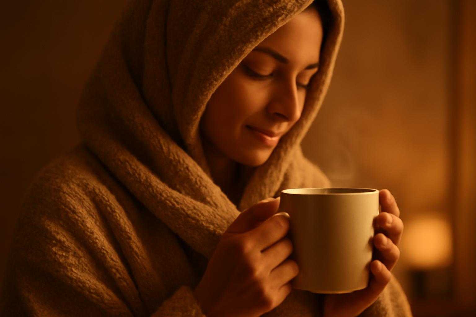 バスタオルに包まれた人が温かい飲み物を飲んでいる様子