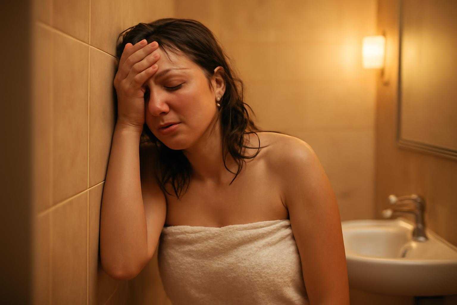 浴室から出た女性が壁に手をついて、めまいを感じている様子