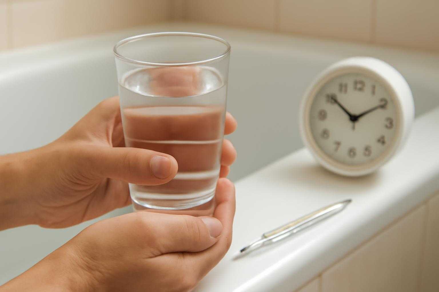 浴槽の側で水を飲む人の手元と、温度計や時間を示す時計