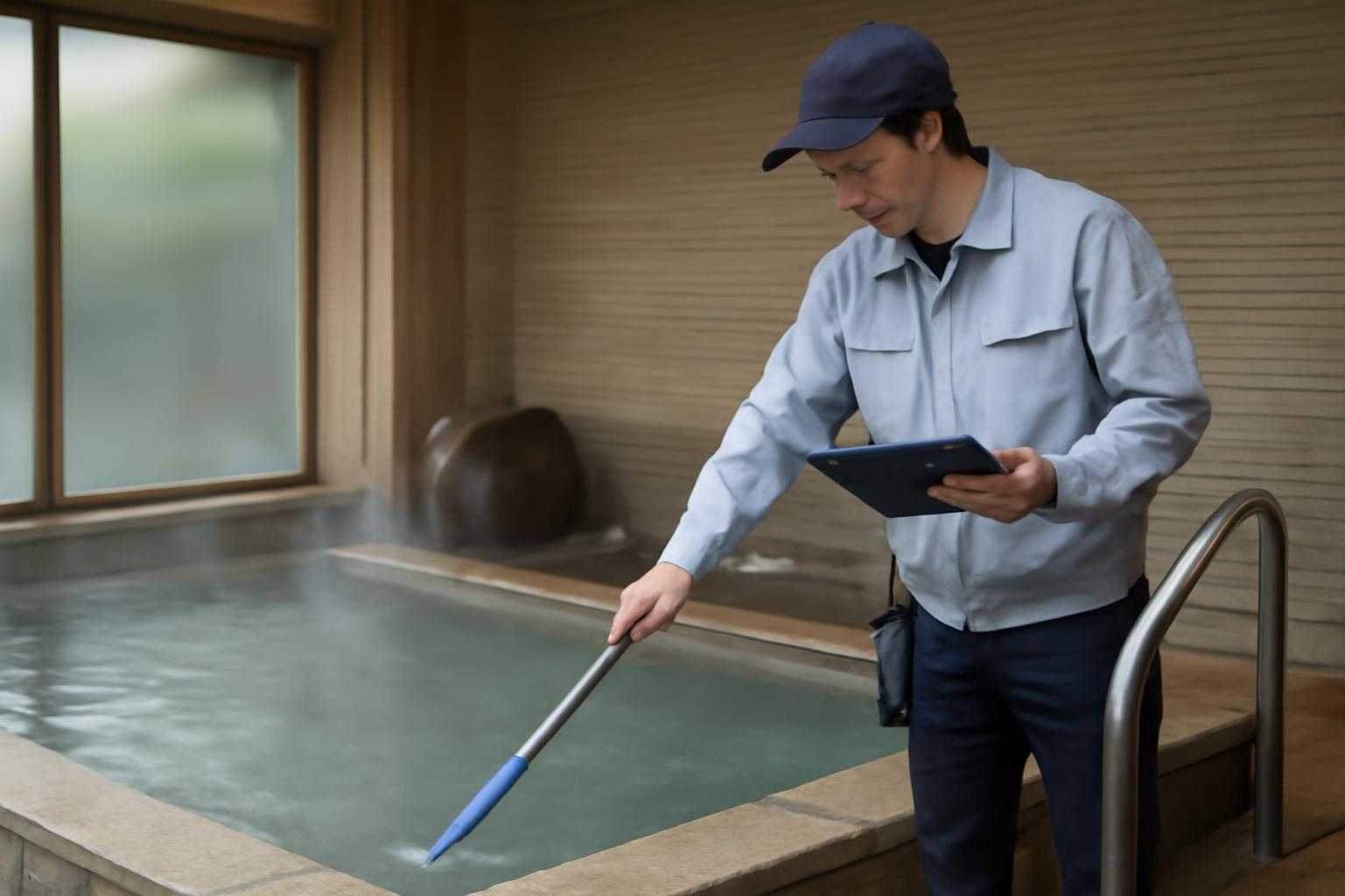温泉施設の衛生管理スタッフが清掃・チェックしている様子
