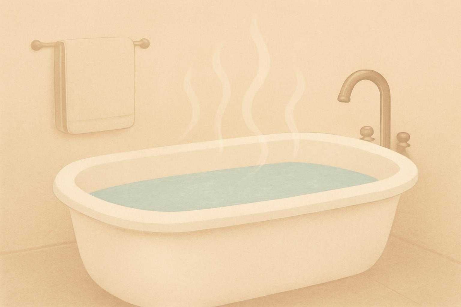 ぬるめのお湯に浸かり、体に負担をかけない入浴をしている場面