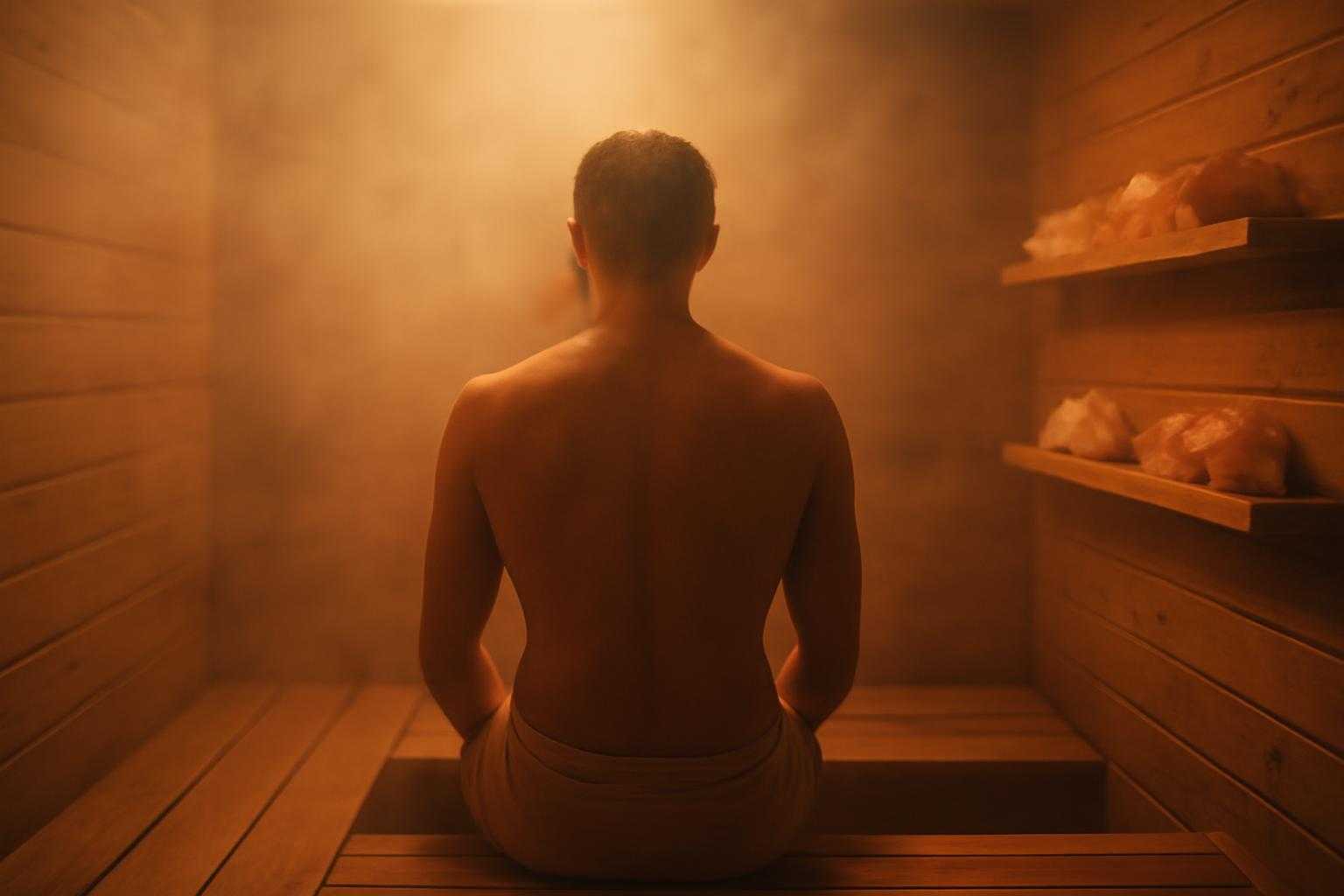 サウナ室で正しい姿勢で座る人物の後ろ姿