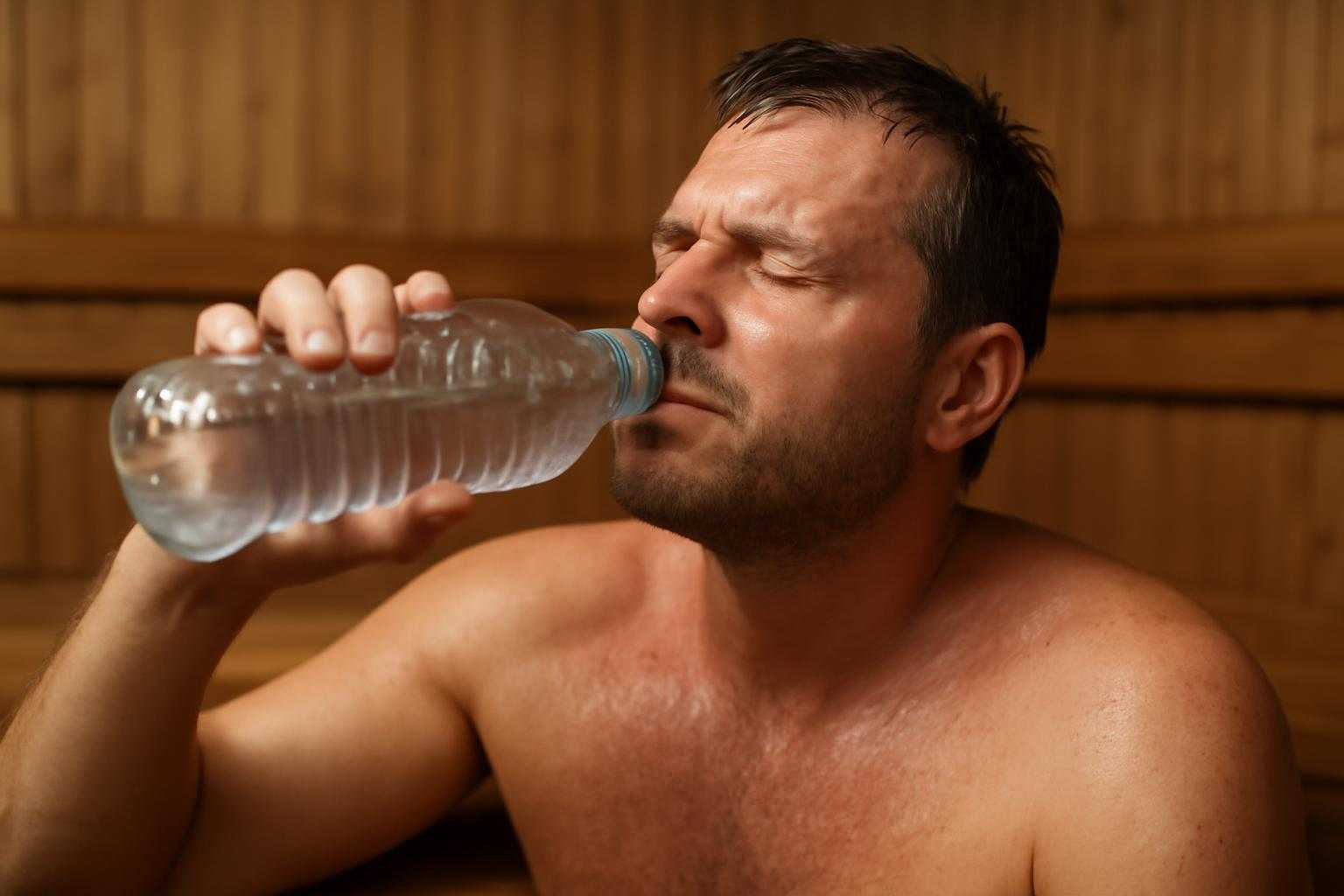 サウナ内で脱水症状や体調不良になった人が水を飲む場面