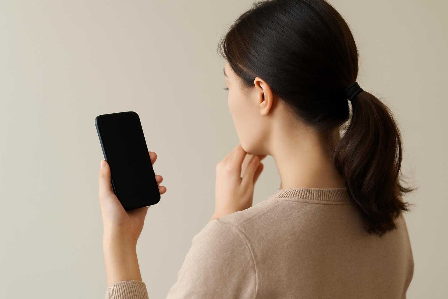 女性がスマートフォンを持って考えている様子