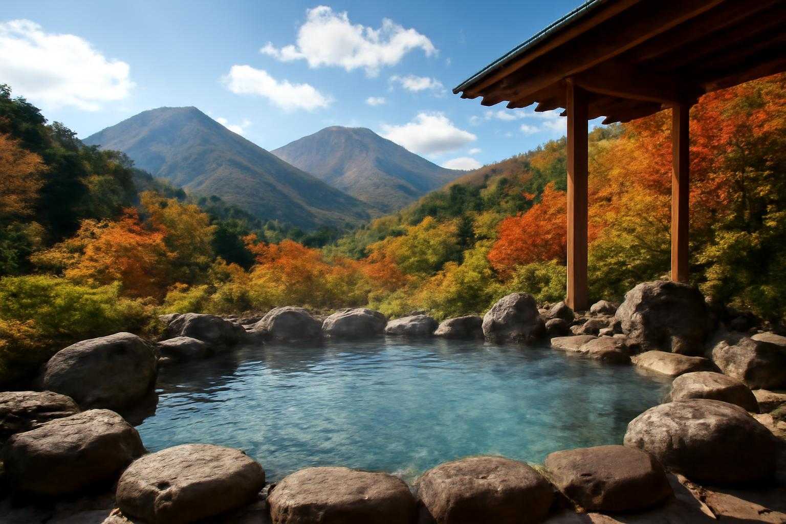 温泉宿の露天風呂から見える自然景観と季節の風景
