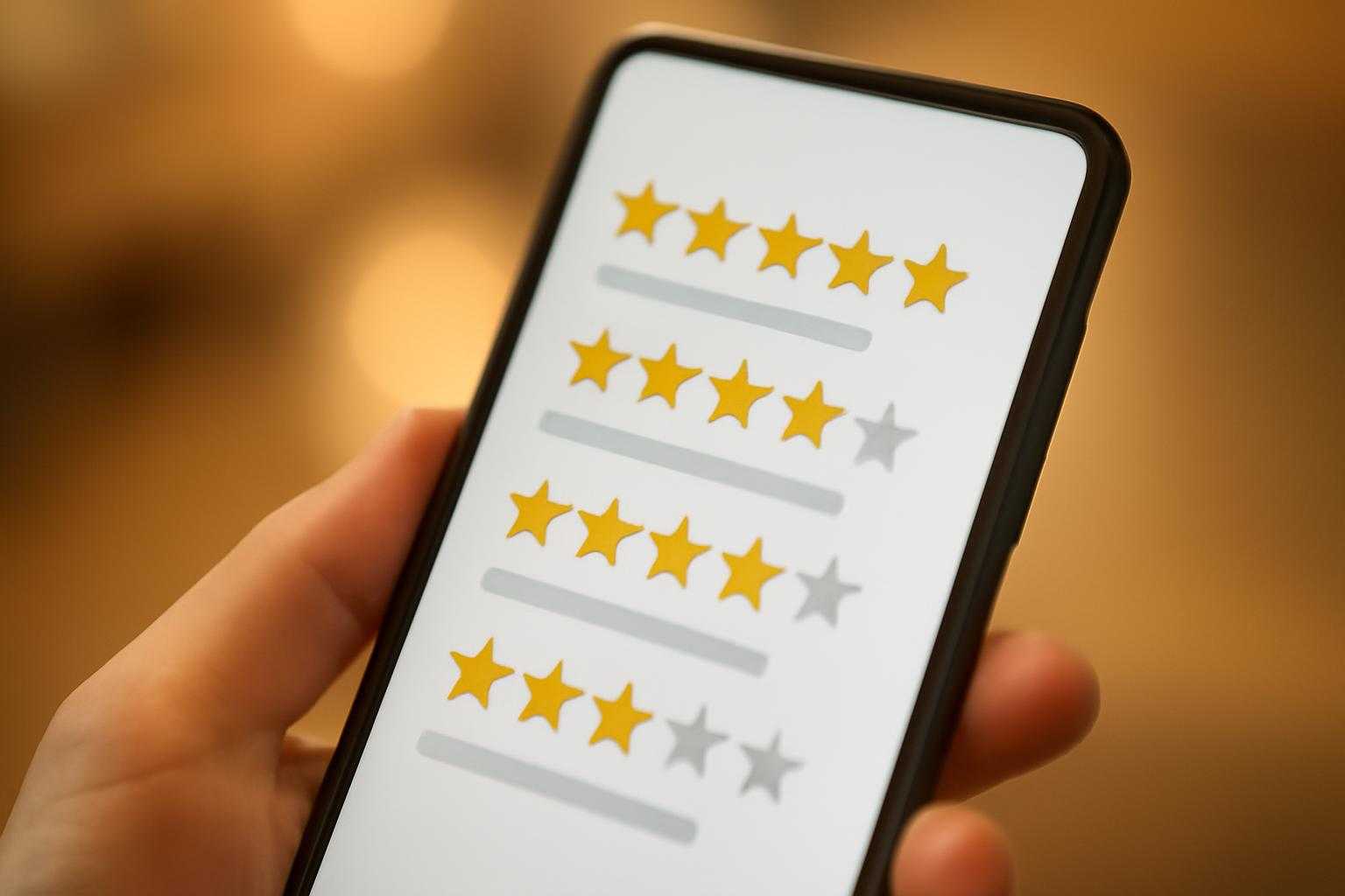 スマートフォンの画面に星評価とコメントが表示されている様子