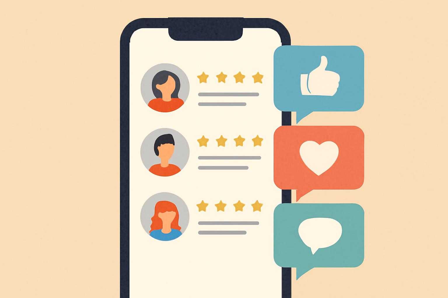 スマートフォンに表示された星評価とコメント。口コミ評価のイメージ