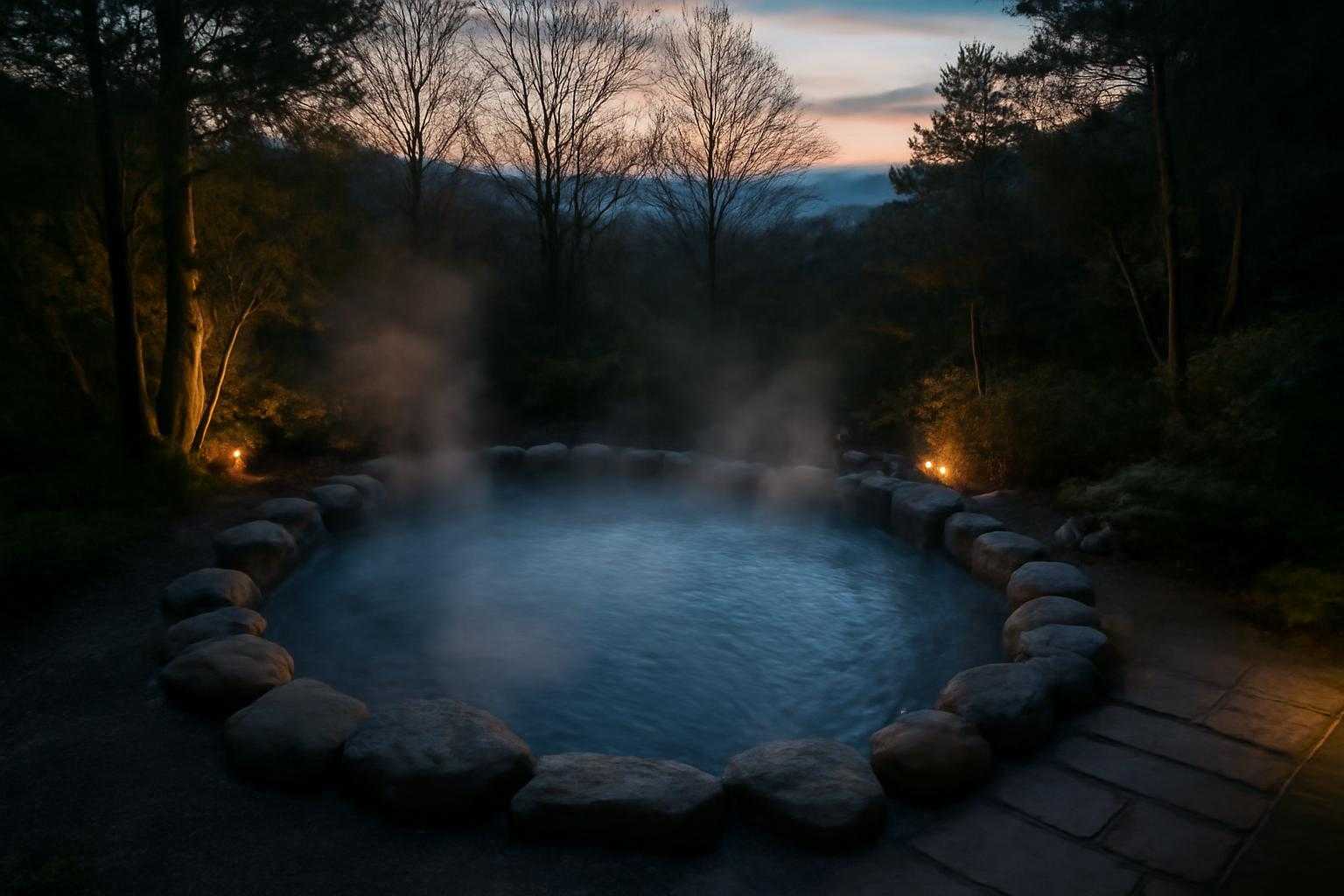 温泉の湯気が立ち込める露天風呂と、周囲の自然風景