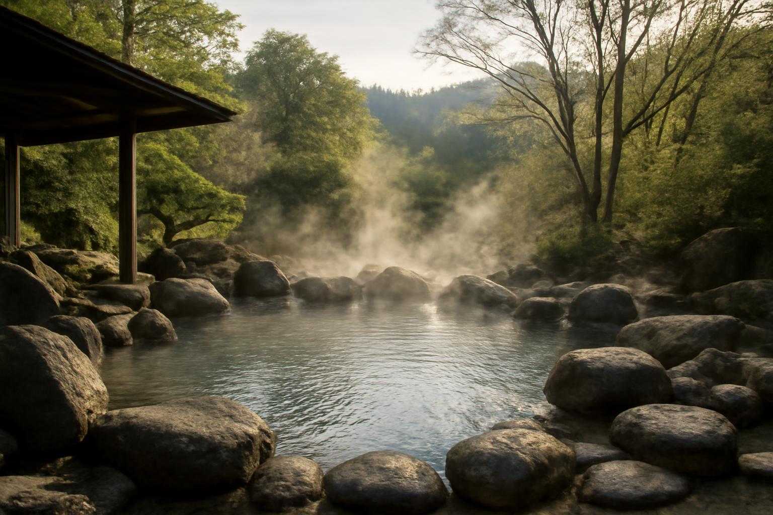 温泉の湯気が立ち込める露天風呂と周囲の自然風景
