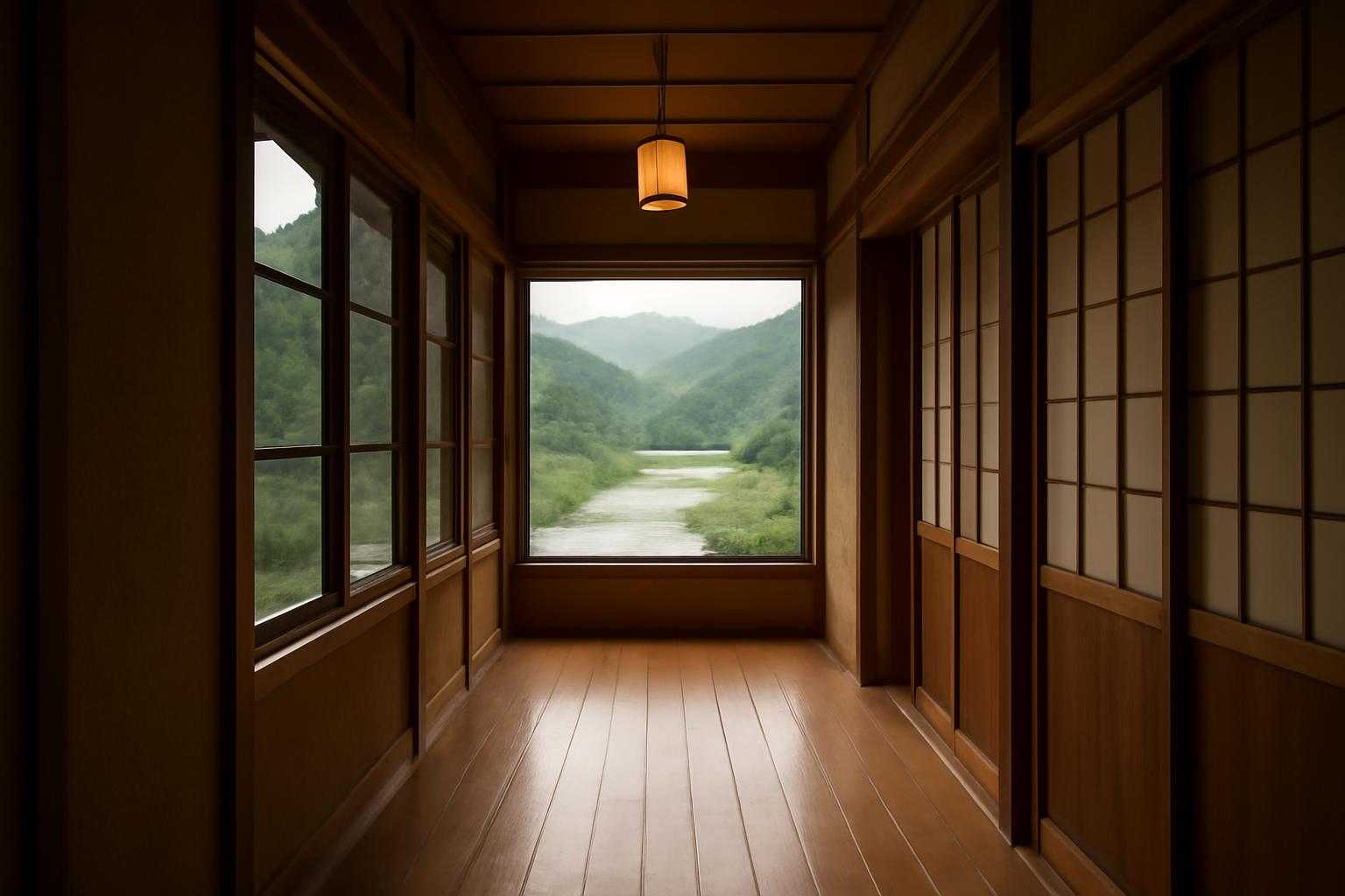 温泉旅館の廊下から窓越しに見える川の景色