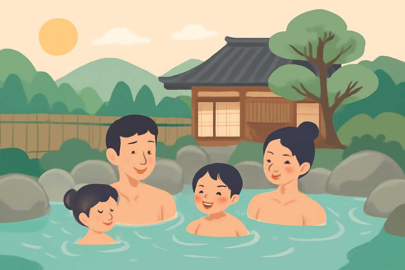 家族が温泉で一緒に過ごす和やかな雰囲気を表現したシーン