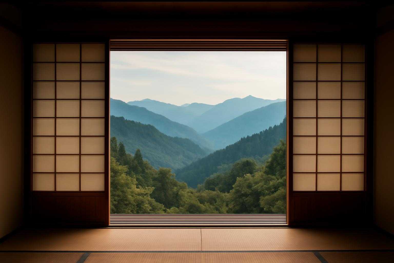 客室の大きな窓から見える山々の眺望風景