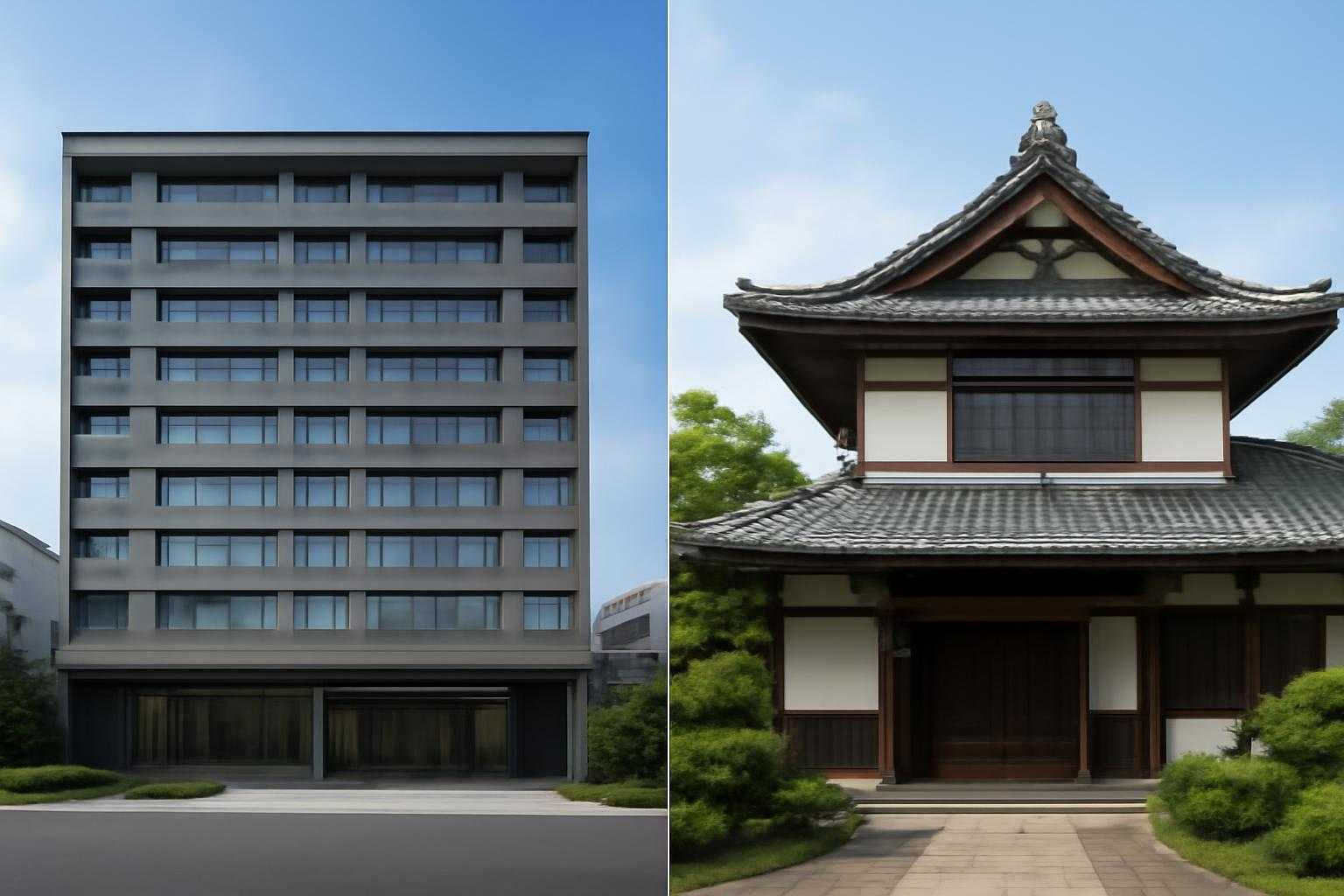 モダンな建物と和風建物の外観を並べて比較した風景