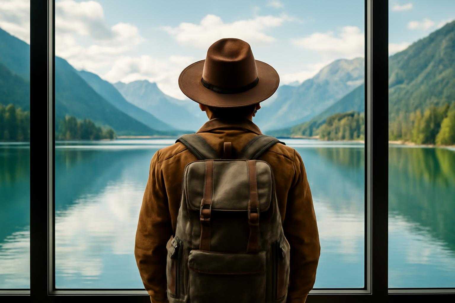 湖の絶景を眺める旅行者の後ろ姿
